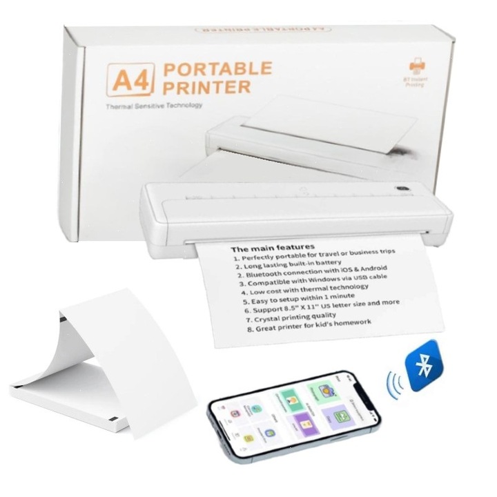 Термопринтер, Influential Tech, ултрапреносим модел, компактен размер, безжичен, не се изисква мастило, A4, Bluetooth, съвместимо с iOS/Android приложение, 1000 mAh батерия, вкл. 100 листа, бял