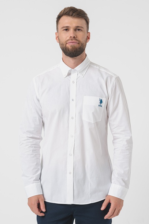 U.S. Polo Assn., Camasa regular fit de bumbac cu buzuanr aplicat, Alb, M