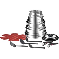 Set vase 22 piese Tefal Ingenio Emotion, inductie, oala 24 cm, tigaie Wok 26 cm, tigaie 22/24/26/28 cm, cratita 16/18/20 cm, capac sticla 16/18/20 cm, 2 manere detasabile, 4 protectii termice, 4 ustensile, inox, argintiu