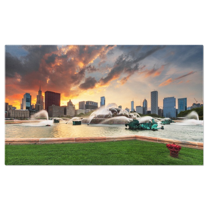 Картина на платно: Небостъргачи в Чикаго, гледани по здрач, с атракцията на Бъкингам на преден план и разнообразна гама от сгради 40x25CM