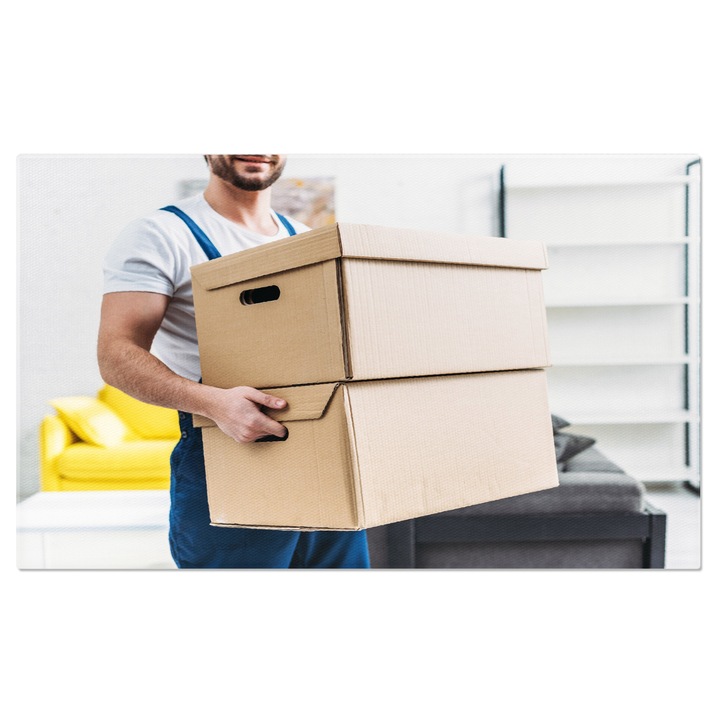 Картина на платно: Доставка до апартамент, човек с кашони - преместване, куриер, колети 90x60CM