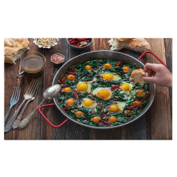 Tablou Canvas: Mic dejun turcesc, oua cu spanac - Skillet, Fresh, Italian, Lunch 140x90CM