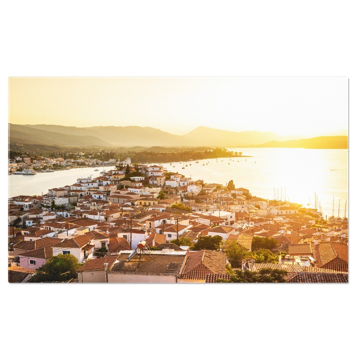 Tablou Canvas: Apus la Poros, Grecia - Oras la Marea Egee 40x25CM