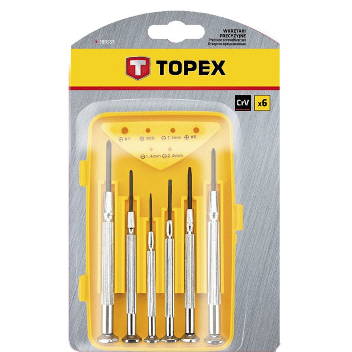 Прецизни отвертки Topex, 6 бр., 3 х Права отвертка, 3 х Кръстата отвертка