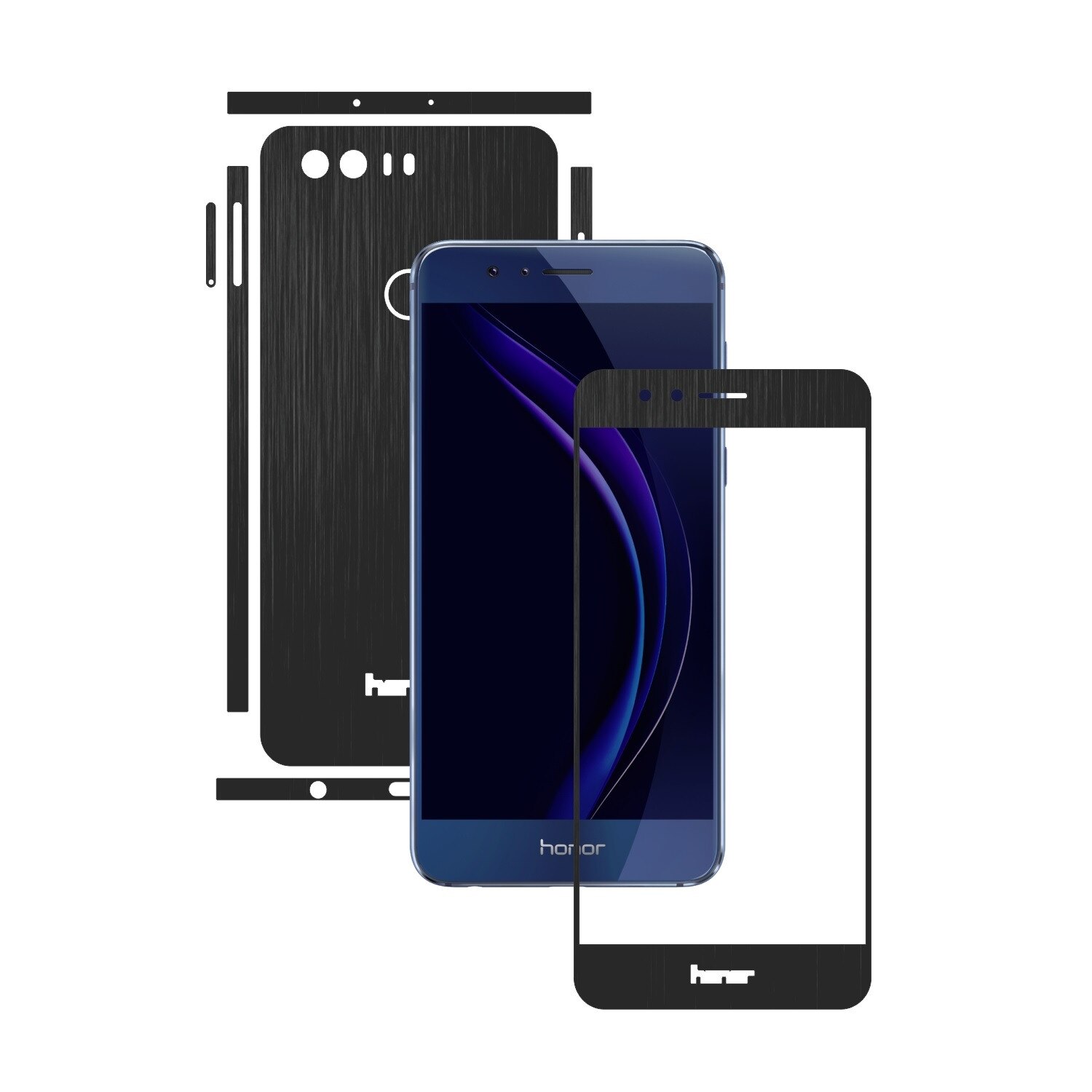 1 + 1 GRATUIT - Huawei Honor 8 - Brushed Negru - Folie de protectie Carbon Skinz, Husa Full Body Cover de tip Skin Adeziv pentru Rama Ecran,Carcasa Spate si Laterale