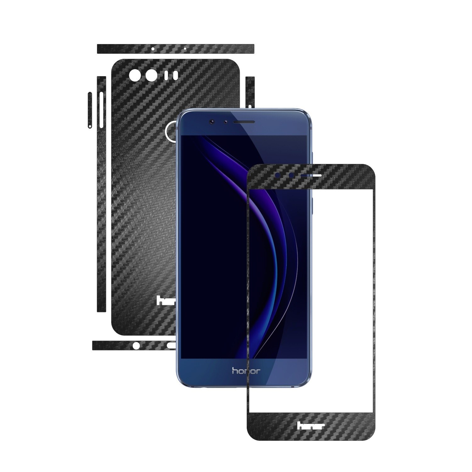 1 + 1 GRATUIT - Huawei Honor 8 - Carbon Negru - Folie de protectie Carbon Skinz, Husa Full Body Cover de tip Skin Adeziv pentru Rama Ecran,Carcasa Spate si Laterale