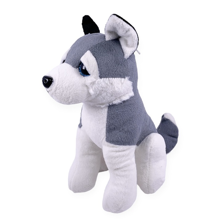 Jucarie de plus, Chippo, Husky, Ochi albastri stralucitori, Plus moale, 30 cm, Gri/Alb
