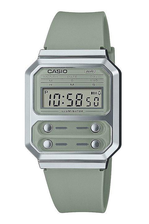 Casio, Унисекс часовник с каишка от смола, Сребрист, Зелен