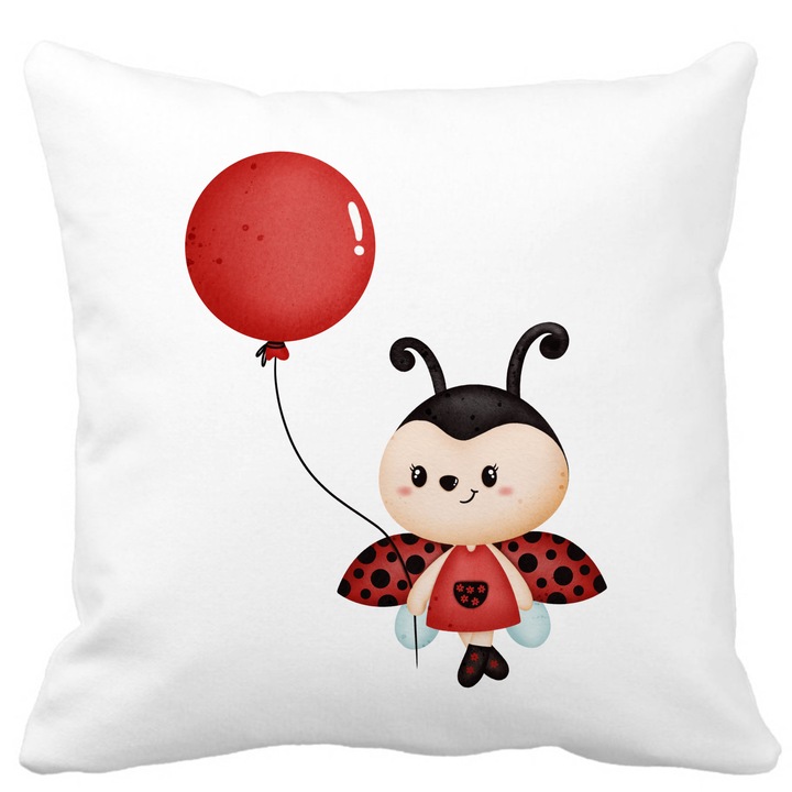 Párnahuzat, Katicabogár léggömbbel, fehér, matt, 40x40 cm