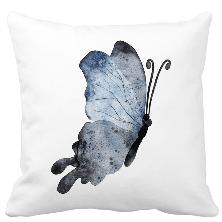 Perna Decorativa Fluture 2, Blue and Black 40x40 cm, Alba, Mata, Husa Detasabila, Burduf