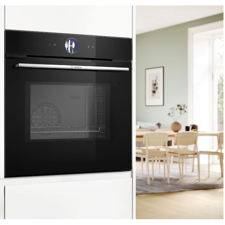 Cuptor incorporabil Bosch Seria 8 HMG7361B1, Electric, 67 l, Multifunctional, Functie microunde, 20 functii , Soft close, Crisp Finish, Air Fry, Home Connect, Autocuratare EcoClean Direct, Grill, Negru