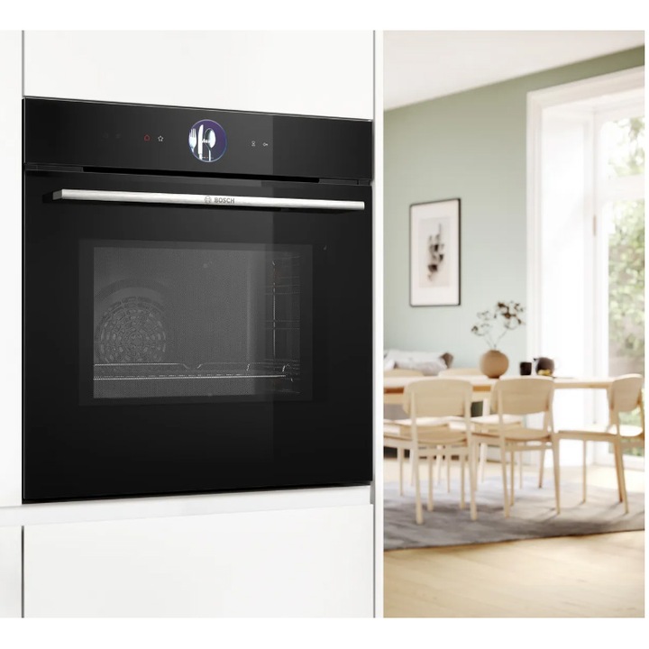 Cuptor incorporabil Bosch HMG7764B1, Electric, 67 l, Multifunctional, 20 functii , Autocuratare pirolitica, Functie microunde, Grill, Air Fry, Sticla Neagra