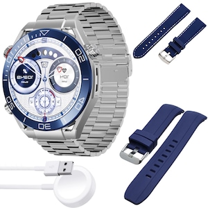 Ceas smartwatch si 3 bratari incluse POKKO®WATCH, apel BT, 1.52", rezolutie 466x466 AI, HD, fitness, ritm cardiac, oximetru, barometru, wireless charging, argintiu otel