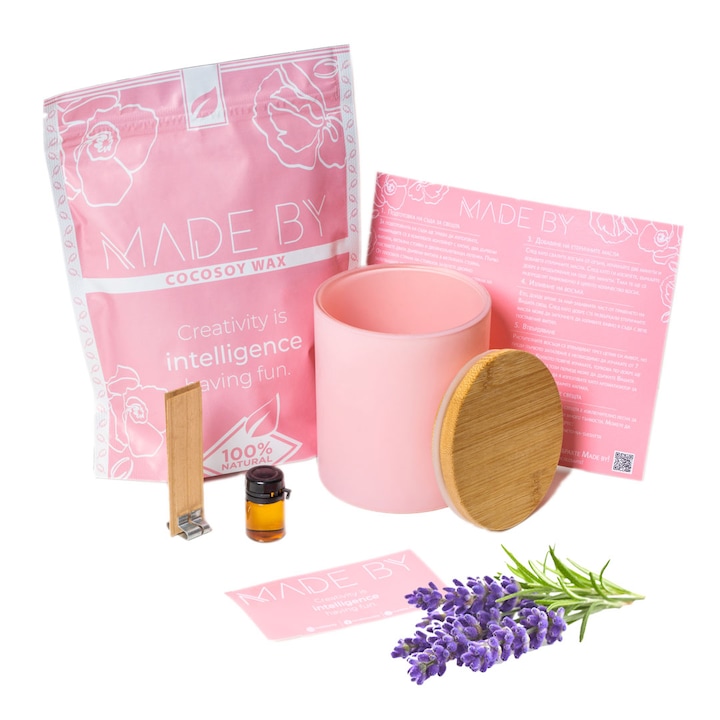 Комплект за правене на свещ Made By, направи си сам, буркан с капак, соево-кокосов восък, етерично масло Лавандула, розов