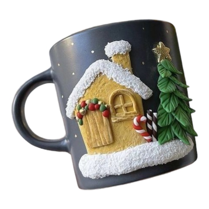 Cana decorata manual cu lut polimeric, Fimo, Casuta de Craciun, handmade, 350 ml