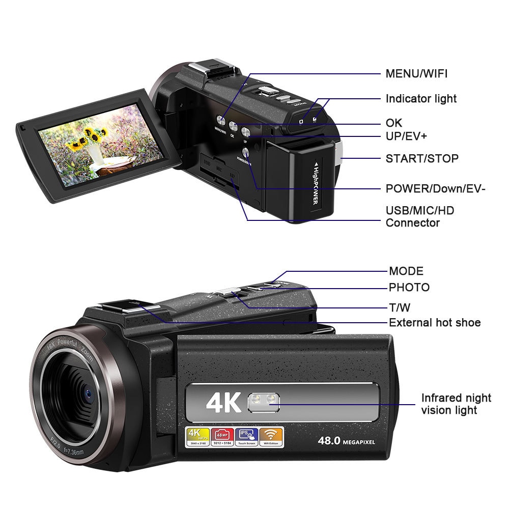 Видеокамера MOSMAOO®, 4K Ultra HD, 3.0", 48M, черна - eMAG.bg
