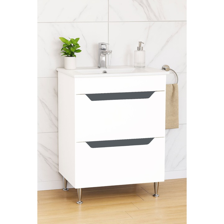 Set mobilier baza si lavoar Badenmob, seria 056, cu sertare, 60x46x81cm, Alb/Antracit