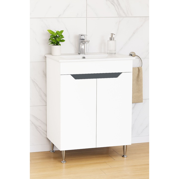 Set mobilier baza si lavoar Badenmob, seria 056, 60x46x81cm, Alb/Antracit