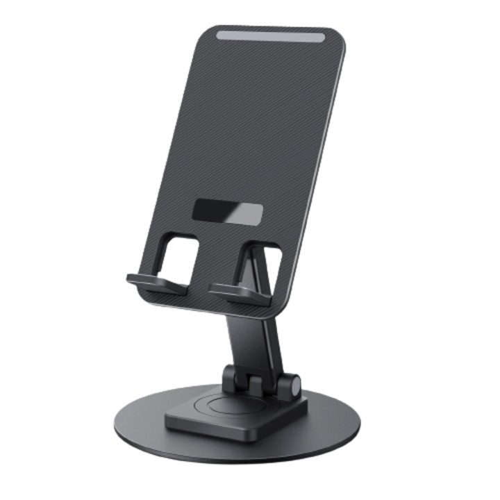 Suport OZ Basic Rotativ cu baza din aluminiu pentru telefon/tableta de Masa/Birou, Pliabil si Portabil cu multiple reglaje, Negru