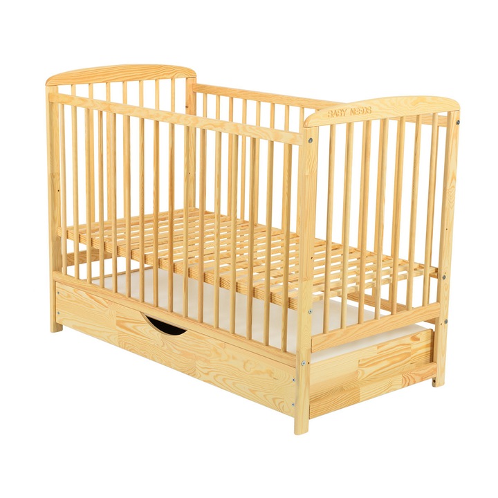 Patut din lemn, BabyNeeds, Ola, Cu sertar cu capac, Din lemn de pin si mdf, Stabil si rezistent, Inaltime saltea reglabila pe 3 nivele, Laterala cu 3 bete detasabile, 120x60 cm, Natur