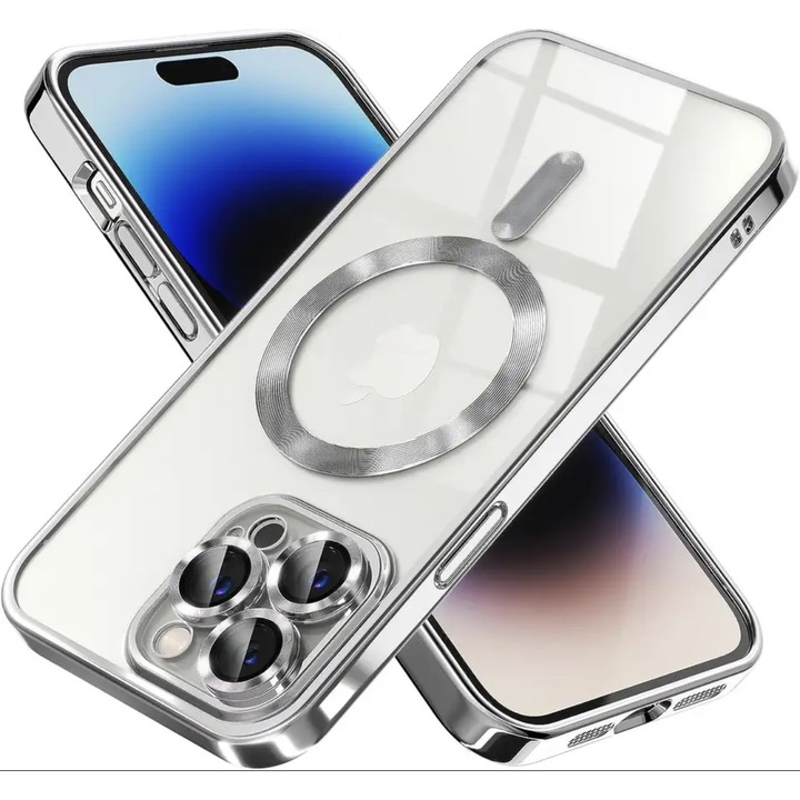 Husa din silicon cu margini metalizate Ultra-Soft, Luxury Magsafe, compatibila cu iPhone 15 Pro Max / Argintiu
