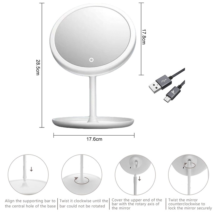 Oglinda cosmetica cu led pentru machiaj, Darklove, Iluminata 26 LED-uri, 3 tipuri de lumina, Intensitate reglabila, Touch switch, Rotire 90º, 500mAh, Reincarcare USB, Baza depozitare mare, Alb