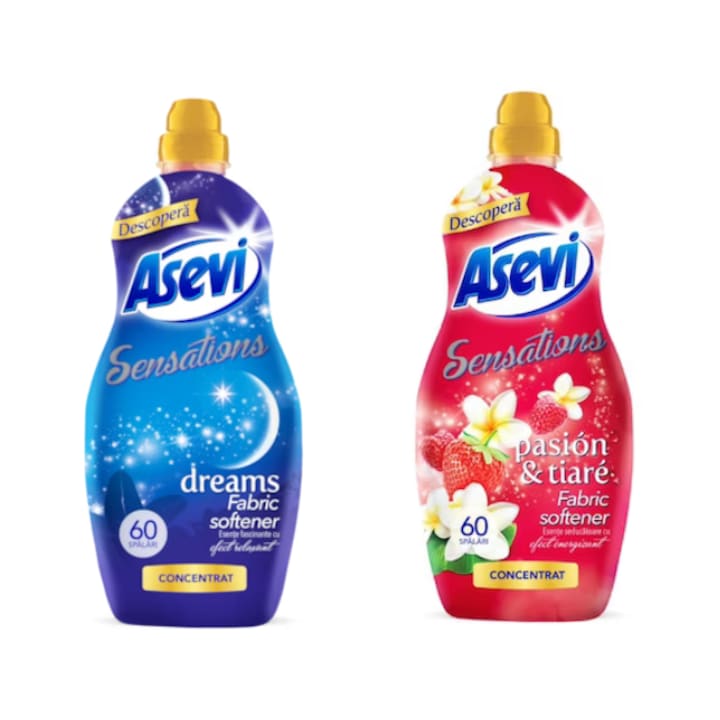Asevi Öblítőszer Csomag: Asevi Sensations Dreams Öblítő, 60 mosás, 1.44 liter + Asevi Sensations Passion Öblítő, 60 mosás, 1.44 liter
