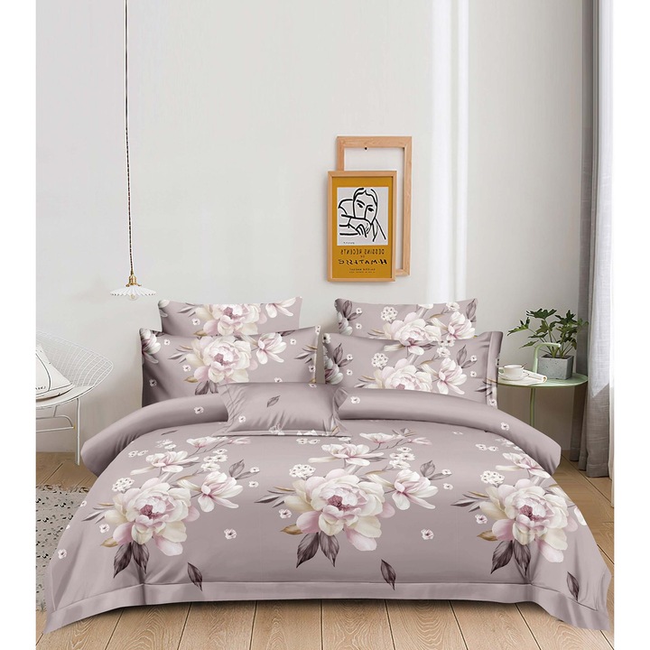 Двоен комплект спално бельо, 2 лица, Pucioasa, Памук, Фин, 6 части, Флорално сиво, Fresh Home36