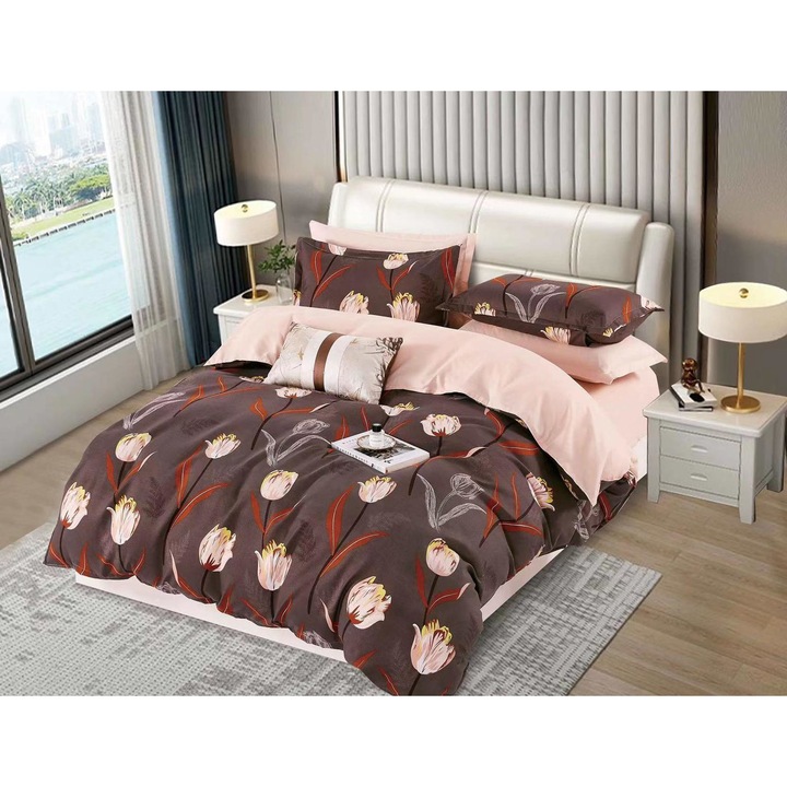 Двоен комплект спално бельо, 2 лица, Пухкав, Памук, Фин, 6 части, Кафяв/Розов, Две лица, Fresh Home43