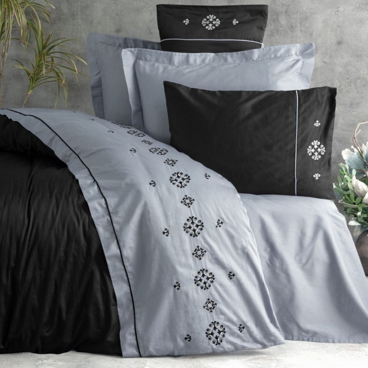 Luxus hímzett ágynemű, franciaágy, 100% szatén pamut, 240 x 260 cm, 6 db, Pamut doboz, Elisa Grey