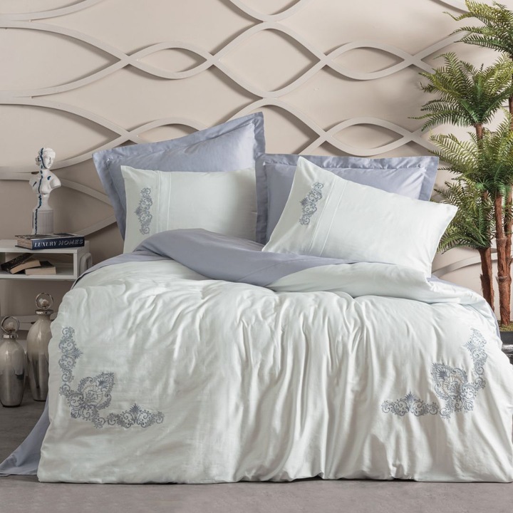 Lenjerie brodata de lux, pat dublu, bumbac 100% satin, 240 x 260 cm, 6 piese, Cotton Box, Biana Gri