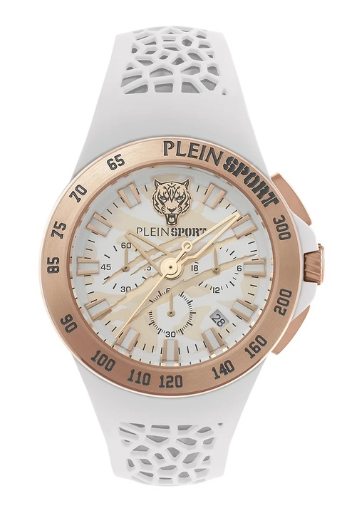 Plein Sport, Ceas unisex cronograf cu o curea din silicon, Auriu rose, Alb