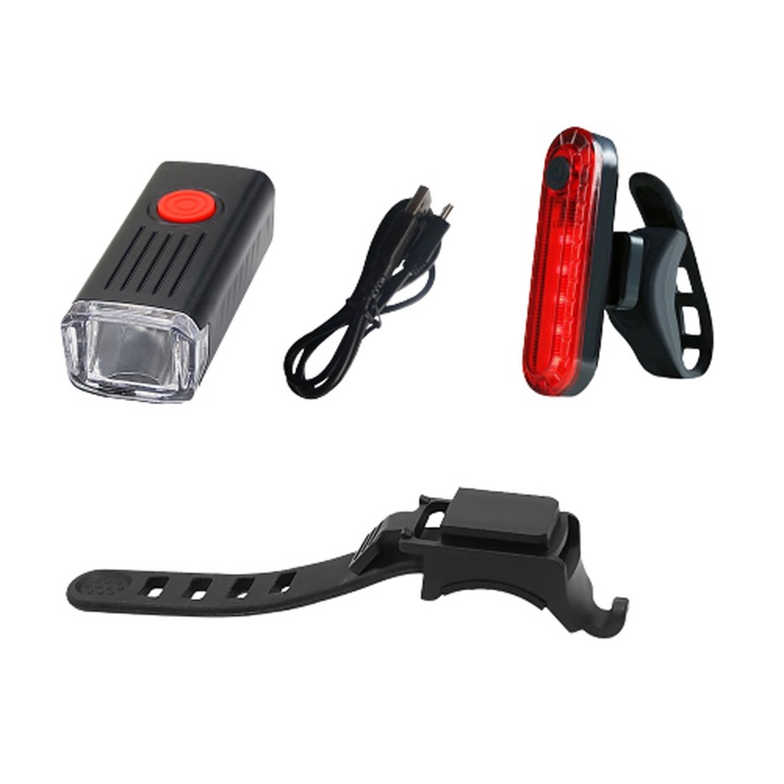 Комплект от 2 светлини за велосипеди, JENUOS®, USB акумулаторни, 3 режима на светене, фиксираща щипка, черни