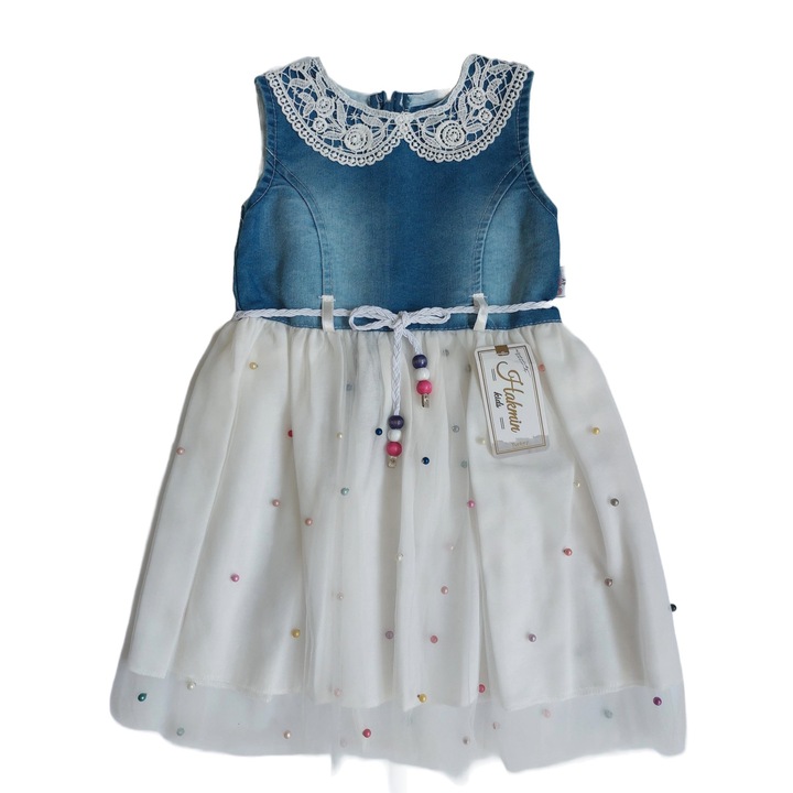 Rochita Eleganta pentru Fete, din Denim, Tul si Bumbac, Aplicatie cu Perle, Alb
