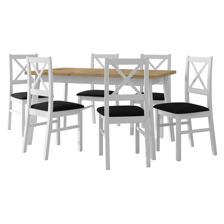 Set mobila bucatarie AL011 Masa extensibila Harry 80 x 140/180 V 6x Scaun Zefir X, MIRJAN 24, stejar artisan / alb / negru