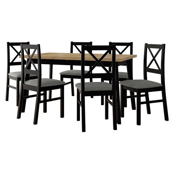 Set mobila bucatarie AL011 Masa extensibila Harry 80 x 140/180 V 6x Scaun Zefir X, MIRJAN24, stejar artisan / negru / gri