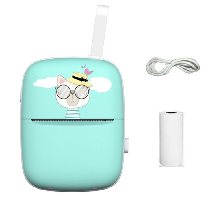 Imprimanta termica portabila, 55x30 mm, 1000mAh, turcoaz, Bluetooth, compatibil IOS/ Android