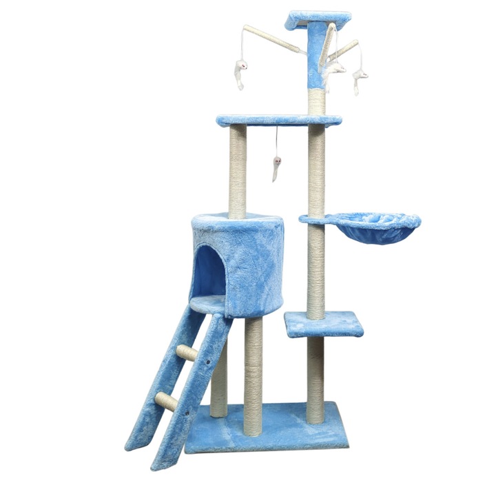 Ansamblu de joaca pentru pisici 140 cm, copac, soarece, 5 Platforme de Observatie, Culoare albastru