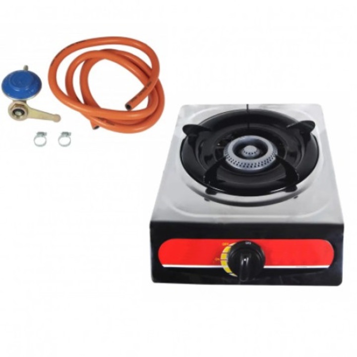 Rozsdamentes tűzhely, 1 égő, kvarc gyújtás, LPG RH-10 állítható készlet, 2M hajlékony cső, 2 nyakörv