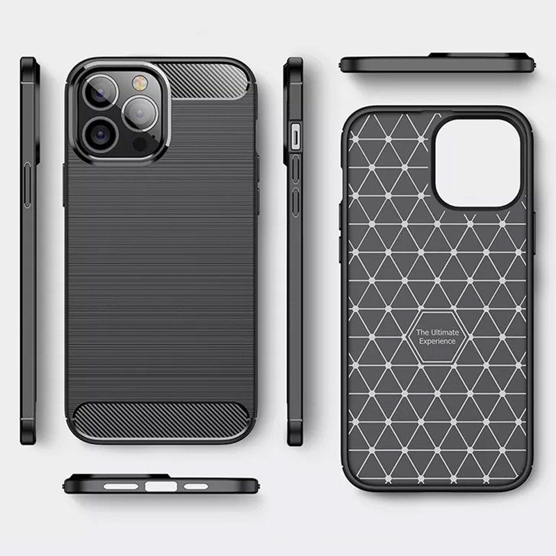 Husa telefon compatibila cu iPhone 13, Shock-Absorption Brushed Flexible Soft, Anti-Fingerprint, Fibra de Carbon, Negru