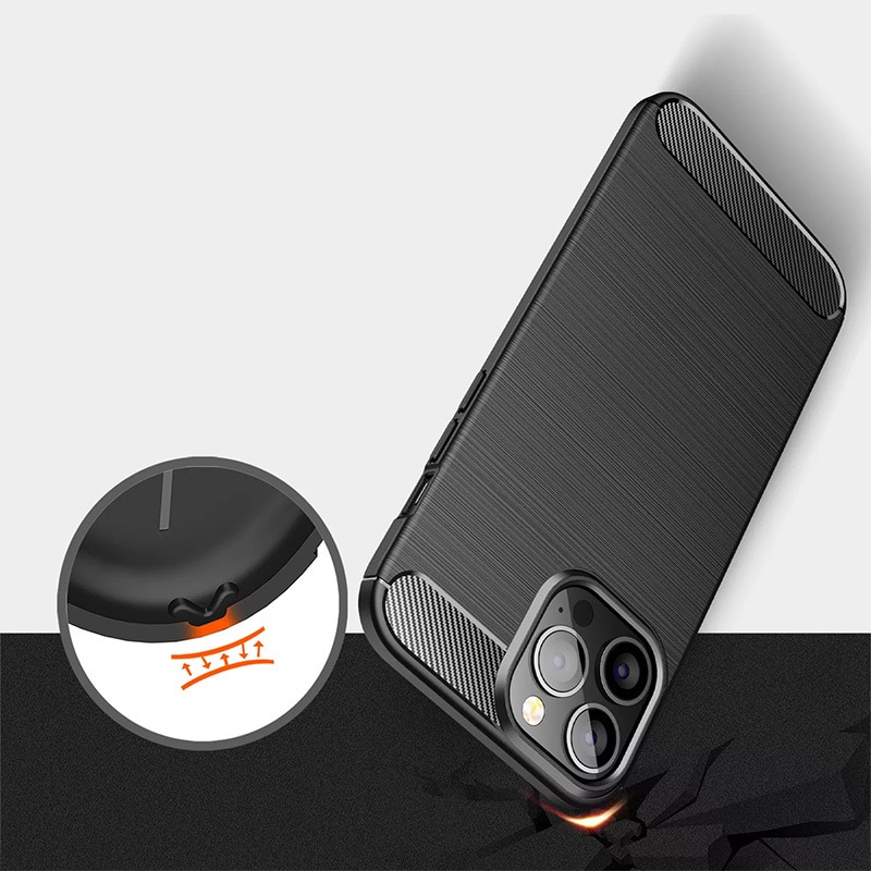 Husa telefon compatibila cu iPhone 13, Shock-Absorption Brushed Flexible Soft, Anti-Fingerprint, Fibra de Carbon, Negru