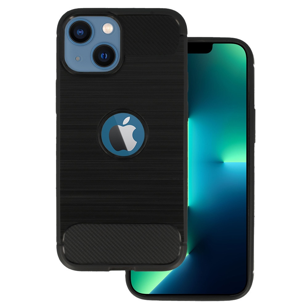 Husa telefon compatibila cu iPhone 13, Shock-Absorption Brushed Flexible Soft, Anti-Fingerprint, Fibra de Carbon, Negru