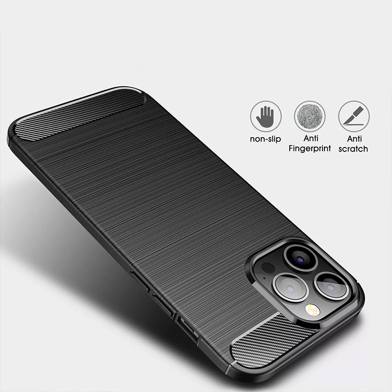 Husa telefon compatibila cu iPhone 13, Shock-Absorption Brushed Flexible Soft, Anti-Fingerprint, Fibra de Carbon, Negru