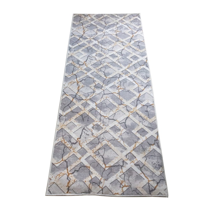 Covor RNova 121, 80x200, 100% poliester, inaltime plus 6 mm, gramaj 800 g/mp, antialunecare, geometric