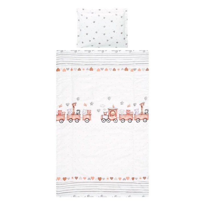 Set lenjerie pat, 3 piese, Lorelli, bumbac ranforce, 0-3 luni, Cosy, Train Grey