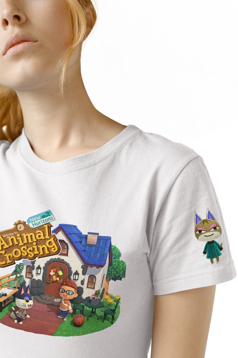 Tricou Femei Animal Crossing New Horizons Punchy Cat House Happy Home, alb, marime M