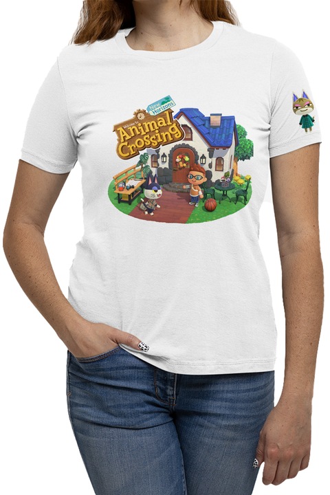 Tricou Femei Animal Crossing New Horizons Punchy Cat House Happy Home, alb, marime M