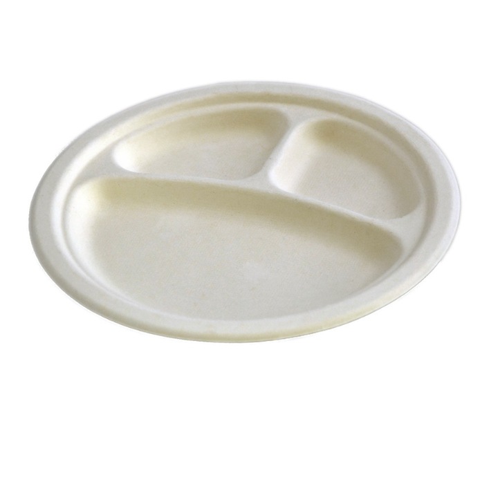 Farfurii plate unica folosinta biodegradabile cf standard EN13432, 22.5 cm, 3 compartimente, 50 buc