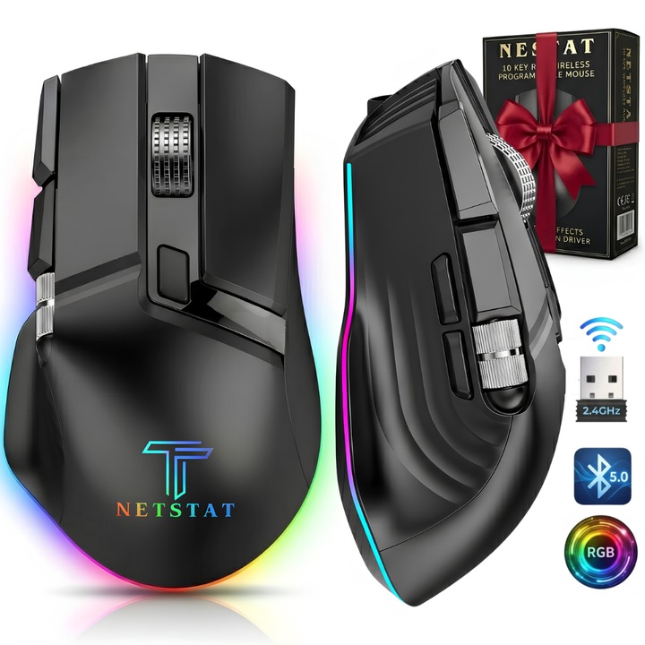 Mouse Wireless NETSTAT, 1000Hz, DPI 12800, 7 Butoane customizabile, Dublu-scroll, Click Silentios, Multi-device, Soft Butoane, Usor 165gr, Wireless, Mouse Fara Fir, Bluetooth, Baterie 500mAh, Mouse lumini RGB, Mouse Gaming, Mouse PC, Universal, Negru