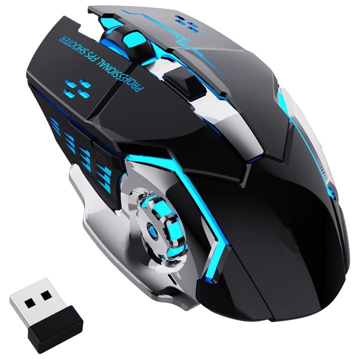 Mouse gaming wireless, Darklove, Reincarcabil USB, 7 culori cu LED-uri, Reglabil 1200/1600/2400,2.4GHZ, 600mAh, 6 Butoane, Mut, Universale, Negru